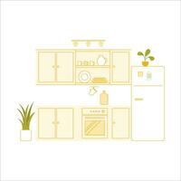 cocina interior con mueble y plantas. vector ilustración en plano estilo