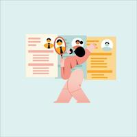 Human resources concept. Vector flat cartoon illustration. Man with magnifying glass and resume.