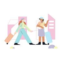 Couple of tourists with suitcases. Vector illustration in flat style