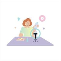 Female blogger recording video for social networks. Vector illustration in flat style