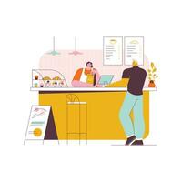 Woman working in cafe or restaurant. Female character sitting at counter and using laptop. Flat vector illustration.
