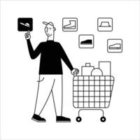 Man with trolley full of shopping bags. Black and white vector illustration