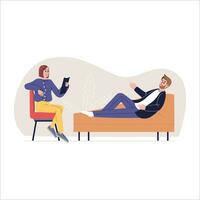 Man and woman sitting on couch and reading book. Vector illustration in flat style