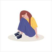 Sad girl sitting on the floor. Vector illustration in flat style.