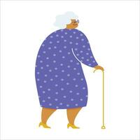 Elderly woman in a blue dress with a cane. Vector illustration.