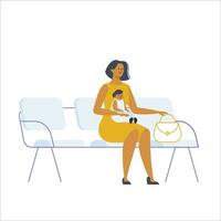 Mother with her baby sitting on the sofa. Flat vector illustration.