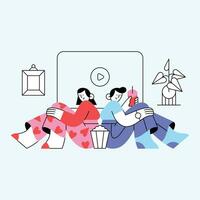 Vector illustration of a group of friends sitting on the floor and watching a movie.