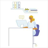mujer sentado a escritorio y trabajando en computadora. plano estilo vector ilustración.