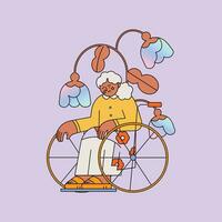 Elderly woman with a wheel of a bicycle. Vector illustration
