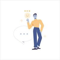 Smiling man holding a chat bubble. Vector illustration in flat style