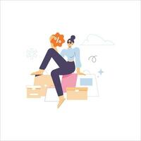 Woman sitting on the box with percent sign. Flat vector illustration.