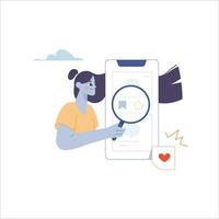 Woman searching for love with magnifier. Vector flat illustration in cartoon style