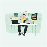 Tired and stressed man working on computer at office. Vector illustration