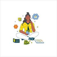 vector ilustración de un mujer sentado en el piso y pensando acerca de dinero.