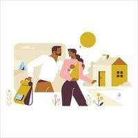 Vector illustration in flat style. A man and a woman are walking on the street.