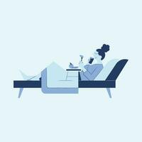 Vector illustration of a woman sitting on a sofa and drinking wine.