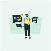 Man with computer and credit card. Concept of online shopping, e-commerce. Vector illustration in flat style