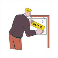 Man in business suit pointing at a board with a sold sign. Vector illustration