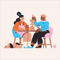 Couple sitting at table, drinking wine and talking. Flat vector illustration.