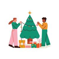 People decorating christmas tree. Merry Christmas and Happy New Year vector illustration.