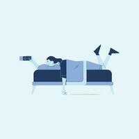 Vector illustration in flat style. Girl lying on the bed with remote control.