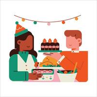 Birthday party. Happy couple eating cake. Flat vector illustration.