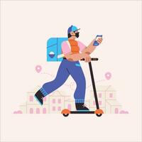 Delivery man with a parcel on scooter. Vector illustration in flat style