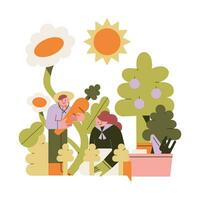 Man and woman working in the garden. Flat style vector illustration.