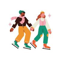 Pareja Patinaje, hombre y mujer en calentar ropa, vector ilustración