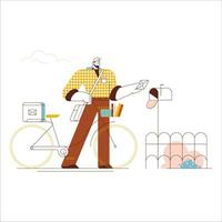 Vector illustration of a man with a tablet in his hand and a bicycle.