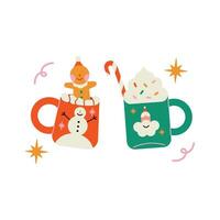 Christmas and New Year vector illustration. Gingerbread man, cup of hot cocoa with marshmallow.