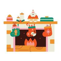 Christmas fireplace with presents and Santa Claus. Vector illustration in flat style