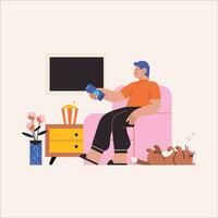 Man sitting on the sofa and watching TV. Flat style vector illustration.