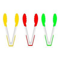 Vector illustration of three food tongs in different colors on a white background. Suitable for logos on cooking utensils, kitchen utensils. A tool for picking up oily fried foods