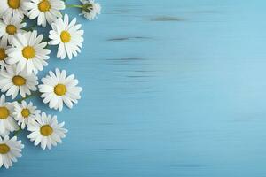 AI generated Daisy border on blue wood. AI Generated photo