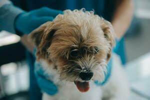 Vet examining dog and cat. Puppy and kitten at veterinarian doctor. Animal clinic. Pet check up and vaccination. Health care. photo