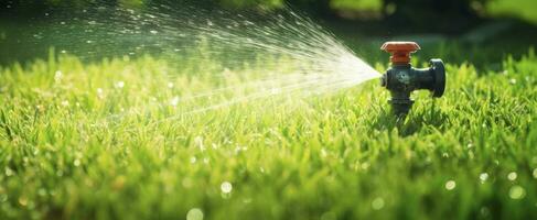 AI generated Automatic garden lawn sprinkler in action watering grass. AI Generated photo