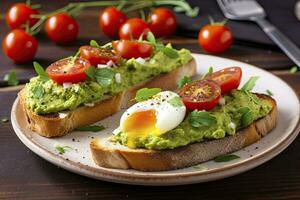 AI generated Avocado toast with eggs and roasted tomatoes. AI Generated photo