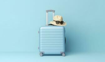 AI generated Blue suitcase with sunglasses on a pastel blue background. travel concept. Generative AI photo