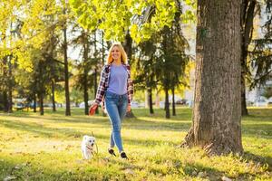 Beautiful woman walking with her Maltese dog in the park. photo