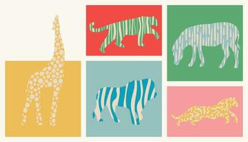 Set of decorative abstract animals with different prints inside. Hand drawn vector silhouettes of giraffe, lion, tiger, leopard and zebra