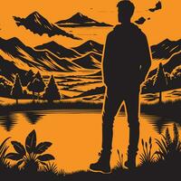 A man stands in front of a pond, and Around the pond mountain view vector