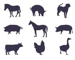 A set of silhouettes of farm animals vector