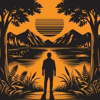 un hombre soportes en frente de un estanque, y alrededor el estanque montaña ver vector