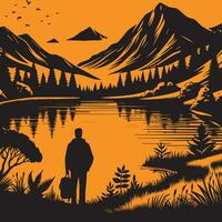 A man stands in front of a pond, and Around the pond mountain view vector