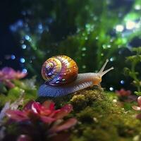 ai generado iridiscente caracol en un hada bosque, cerca arriba de un reluciente caparazón. ai generativo foto