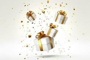 AI generated Merry New Year and Merry Christmas 2024 white gift boxes with golden bows and gold sequins confetti on white background. AI Generated photo