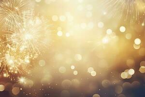 AI generated Gold Vintage Fireworks and bokeh on New Year's Eve and copy space. AI Generated photo