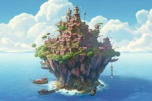 AI generated Ancient Heavenly Floating island in the sky with a castle, vibrant, fantasypunk, AI Generative photo