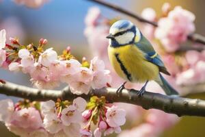 ai generado un bluetit pájaro descansando en el rama de un árbol. ai generado. foto